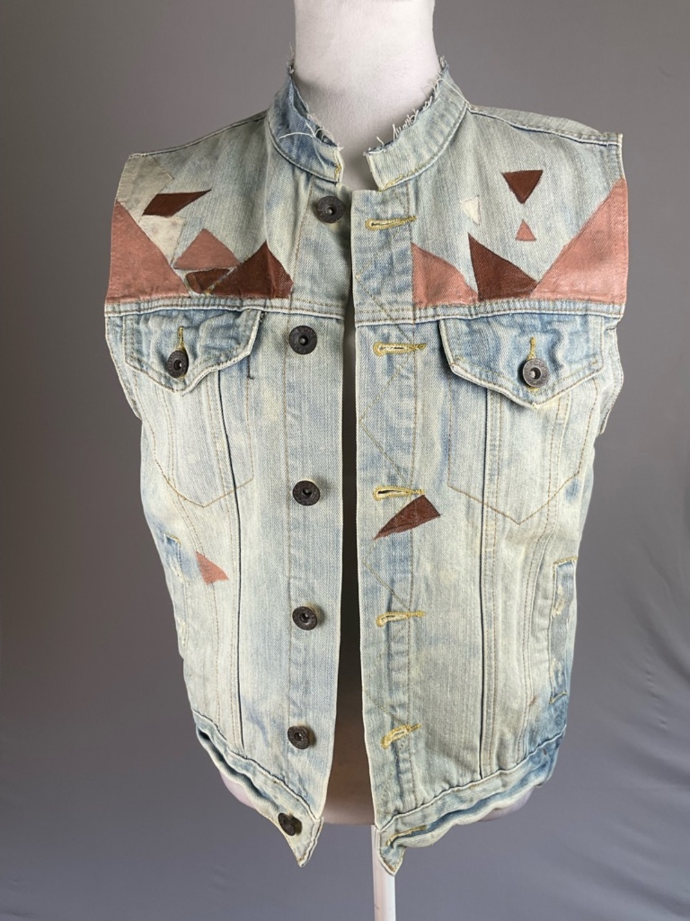 Hand Painted Denim Vest Wearable Art Geometric Streetwear Festival Boho Small - Picture 3 of 16
